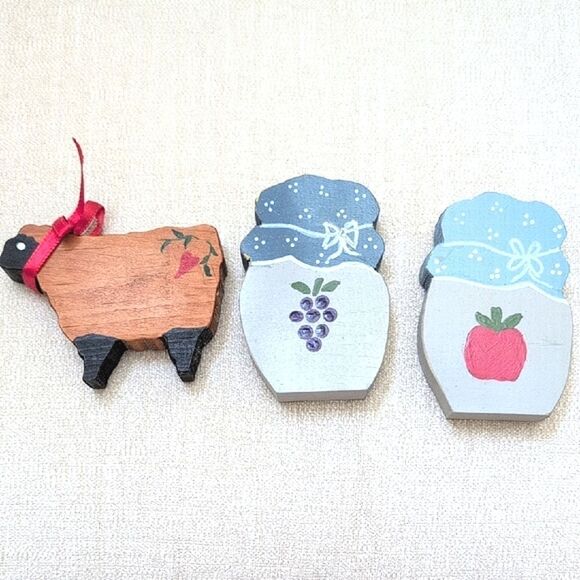Rustic Hand Painted Wooden Sheep and Fruit Jars Country Decor Vintage Set of 3 - Picture 7 of 7